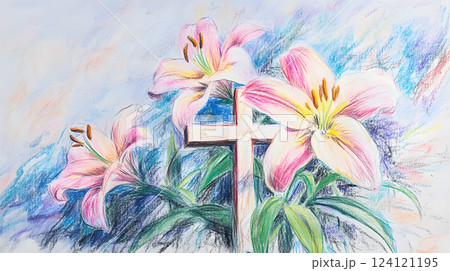 クレヨン画の百合と十字架のイラストのイラスト素材 [124121195] - PIXTA