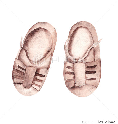 Kids summer Sandals. Baby girl leather Shoes, footwear pair. Hand drawn watercolor illustration isolated on a white background, eco style. Cute Infant clipart for invitations, Gender party, Baby 124121582