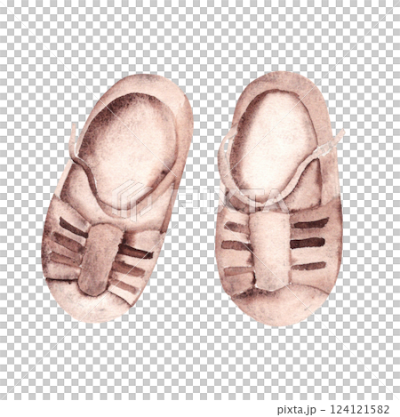 Kids summer Sandals. Baby girl leather Shoes, footwear pair. Hand drawn watercolor illustration isolated on a white background, eco style. Cute Infant clipart for invitations, Gender party, Baby 124121582