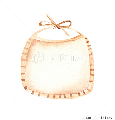 Newborn Baby beige Bib. Watercolor hand drawn illustration of cute Infant accessory in eco style. For invitations, Gender party, Baby shower, Greeting cards, Nursery posters, tags and stickers. 124121585