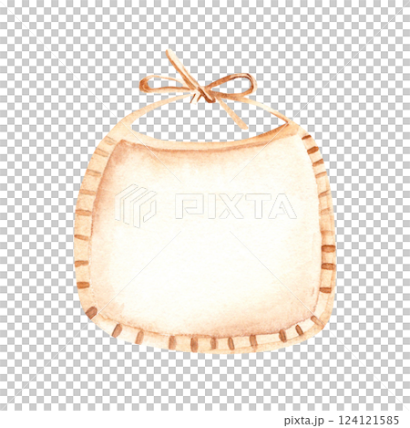 Newborn Baby beige Bib. Watercolor hand drawn illustration of cute Infant accessory in eco style. For invitations, Gender party, Baby shower, Greeting cards, Nursery posters, tags and stickers. 124121585