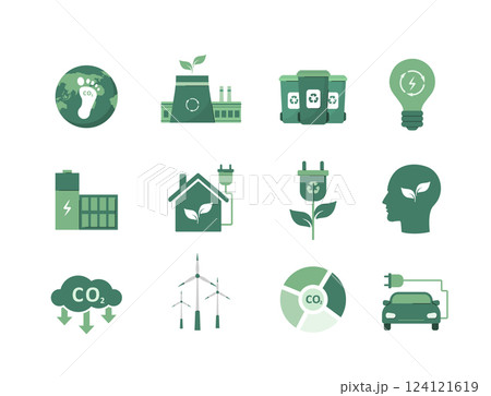 Ecology icons set. CO2 Neutral. Eco Environment Signs Collection. Green energy, Net zero. Circular economy. Vector illustration in flat cartoon style 124121619