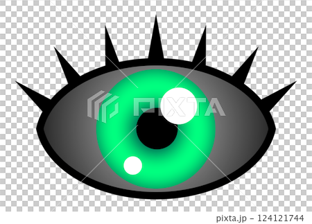 Illustration of a big eyeball with colored contact lenses in the eye at an ophthalmologist 124121744