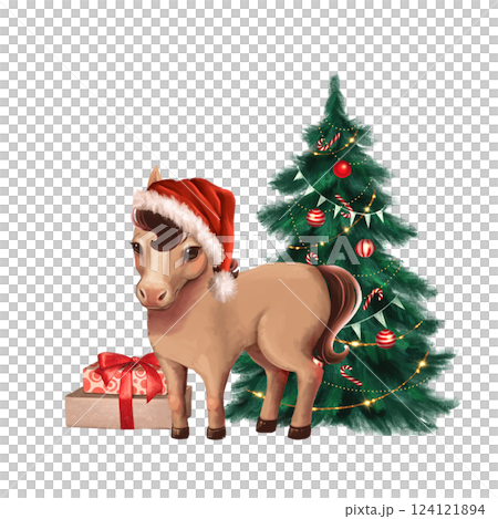 Cute pony horse with Christmas tree and gift boxes. Hand drawn illustration. Cute pony horse with Christmas tree and gift boxes. Hand drawn illustration. 124121894