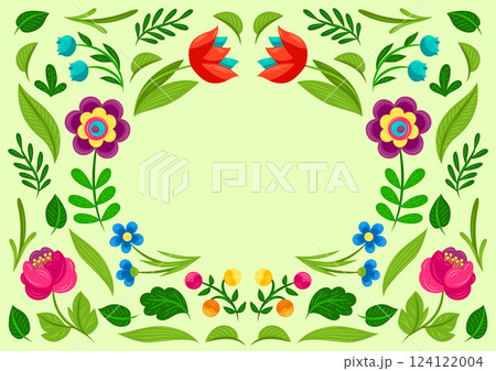Frame with pretty flowers. Beautiful decorative natural plants and leaves. 124122004