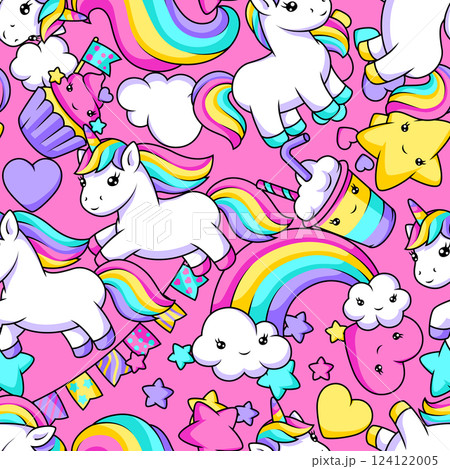 Pattern with unicorns. Happy birthday party background. Pattern with unicorns. Happy birthday party background. 124122005