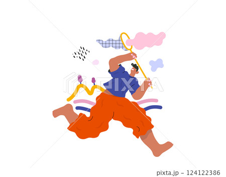 Life Unframed: Cloud catcher -modern flat vector concept illustration of running man with butterfly net. Metaphor of unpredictability, imagination, whimsy, cycle of existence, play, growth, discovery 124122386