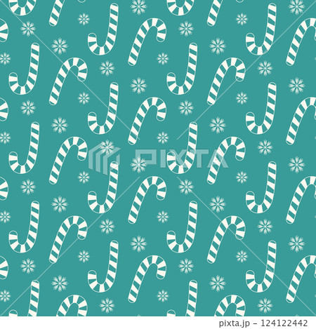 Striped Candy Cane Snowflakes Seamless pattern White on trendy Teal. Christmas Greeting Background 124122442