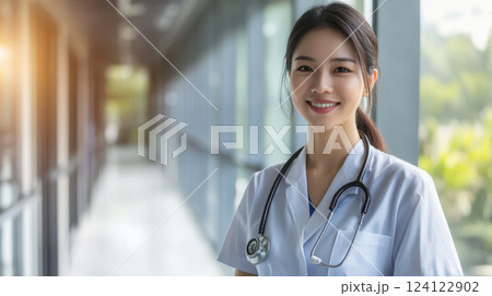 Confident Asian female doctor in a medical uniform, standing in a sunlit hospital corridor. She is smiling warmly, with soft natural lighting. The left side of the image is open for text placement Confident Asian female doctor in a medical uniform, standing in a sunlit hospital corridor. She is smiling warmly, with soft natural lighting. The left side of the image is open for text placement 124122902