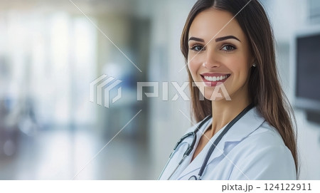 Friendly female physician, looking at the camera with a bright smile, in a contemporary medical setting. The blurred hospital background is designed with clean tones, and the left side is clear for Friendly female physician, looking at the camera with a bright smile, in a contemporary medical setting. The blurred hospital background is designed with clean tones, and the left side is clear for 124122911
