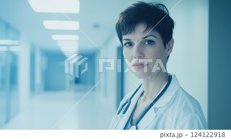 Portrait of a professional female doctor with short hair, wearing a white coat and a stethoscope. The background is a modern hospital interior with a soft blue tint. Large empty space on the left 124122918