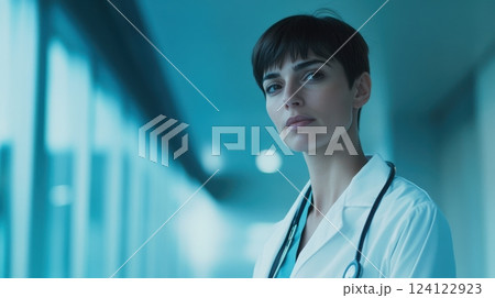 Portrait of a professional female doctor with short hair, wearing a white coat and a stethoscope. The background is a modern hospital interior with a soft blue tint. Large empty space on the left Portrait of a professional female doctor with short hair, wearing a white coat and a stethoscope. The background is a modern hospital interior with a soft blue tint. Large empty space on the left 124122923