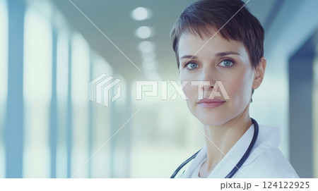 Portrait of a professional female doctor with short hair, wearing a white coat and a stethoscope. The background is a modern hospital interior with a soft blue tint. Large empty space on the left Portrait of a professional female doctor with short hair, wearing a white coat and a stethoscope. The background is a modern hospital interior with a soft blue tint. Large empty space on the left 124122925