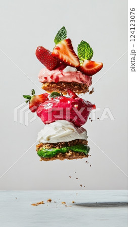 vibrant mousse cake with bright pink strawberry mousse layer and smooth green lime cream in a deconstructed levitating composition against a light background creating a gravity-defying effect concept vibrant mousse cake with bright pink strawberry mousse layer and smooth green lime cream in a deconstructed levitating composition against a light background creating a gravity-defying effect concept 124123076