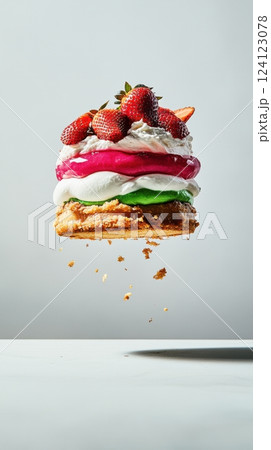 vibrant mousse cake with bright pink strawberry mousse layer and smooth green lime cream in a deconstructed levitating composition against a light background creating a gravity-defying effect concept 124123078