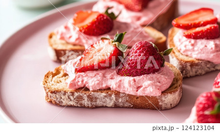 elegant beet-dyed toast with pastel pink cream cheese and fresh strawberry slices served on a textured ceramic plate in soft diffused lighting against a dreamy pastel-toned background 124123104