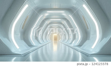 Futuristic white corridor with repeating illuminated arches creating a tunnel effect, leading to a warm glowing exit point, featuring sleek geometric design and reflective flooring 124123378