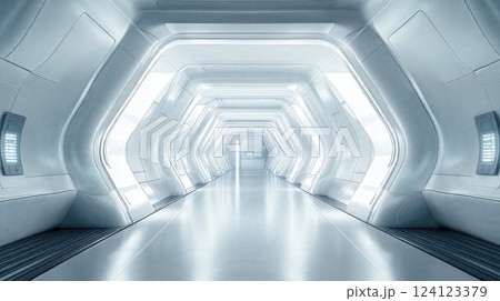Futuristic white corridor with repeating illuminated arches creating a tunnel effect, leading to a warm glowing exit point, featuring sleek geometric design and reflective flooring 124123379