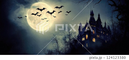 dark, gothic castle under a glowing full moon, surrounded by flying bats, evoking mystery, horror, and supernatural legends 124123380