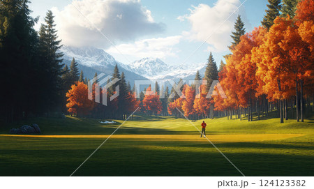 golfer on a vibrant green golf course surrounded by autumn-colored trees, with snow-capped mountains in the background under a partly cloudy sky. The setting is serene and scenic 124123382