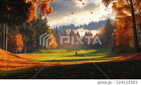A person is standing in a vast field while leaves gently fall from the trees 124123383