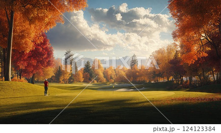 golf course bathed in warm autumn colors, with vibrant orange and red trees framing the lush green fairway under a picturesque sky, creating a tranquil outdoor escape. 124123384