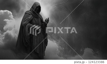 Dark hooded figure in flowing robes emerges from stormy clouds in dramatic black and white composition, creating an atmospheric and mysterious scene Dark hooded figure in flowing robes emerges from stormy clouds in dramatic black and white composition, creating an atmospheric and mysterious scene 124123386