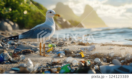 A seagull stands on a polluted beach littered with plastic bottles and debris, against a backdrop of ocean waves and cloudy blue sky, highlighting environmental concerns 124123389