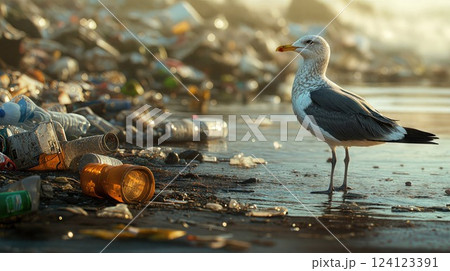 seagull stands on a polluted shoreline littered with plastic waste, evoking themes of environmental damage, wildlife impact, and the urgent need for conservation efforts 124123391