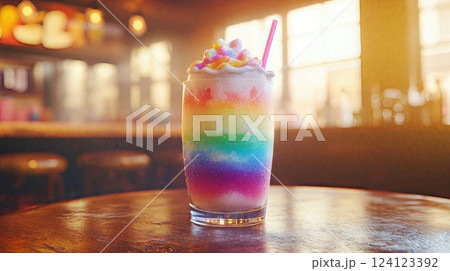A colorful rainbow milkshake is beautifully sitting on a wooden table A colorful rainbow milkshake is beautifully sitting on a wooden table 124123392