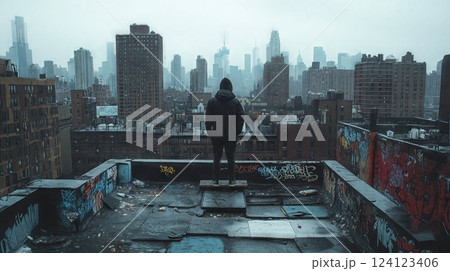 A hooded figure stands on a graffiti-covered...のイラスト素材 [124123406] - PIXTA