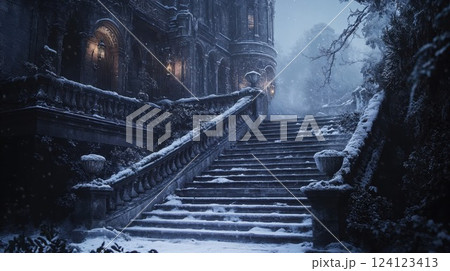 Snow-covered gothic castle steps illuminated by warm lantern light in winter twilight. Mysterious medieval architecture with ornate railings and archways creates magical atmosphere perfect for fantasy 124123413
