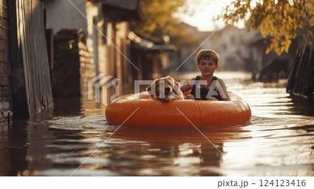 Young boy and golden retriever dog in inflatable boat during flood emergency. Heartwarming survival story captured in warm sunset light shows resilience during natural disaster 124123416