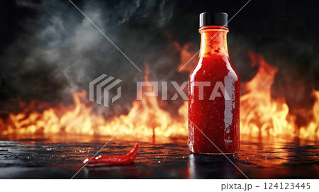 Hot sauce bottle with flames in background. Dramatic product photography of spicy red sauce with fire and smoke creating intense atmosphere for food marketing 124123445
