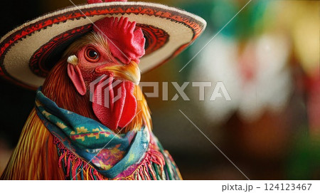 A vibrant rooster dressed in a traditional Mexican sombrero and colorful scarf against a green background, combining animal portraiture with cultural fashion in a humorous and lively composition A vibrant rooster dressed in a traditional Mexican sombrero and colorful scarf against a green background, combining animal portraiture with cultural fashion in a humorous and lively composition 124123467