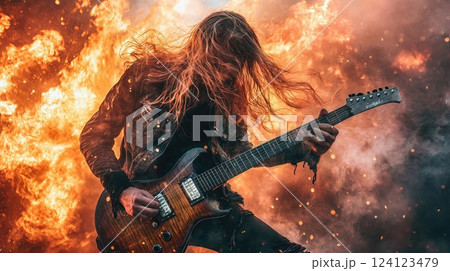 A wild rock guitarist with long hair plays passionately in front of intense flames, symbolizing the power and energy of rock music in a dramatic, fiery scene A wild rock guitarist with long hair plays passionately in front of intense flames, symbolizing the power and energy of rock music in a dramatic, fiery scene 124123479