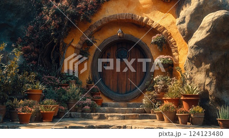 A cozy hobbit-style house with a round wooden door, vibrant yellow walls, and lush greenery. Potted plants decorate the front yard, creating a warm, fairy-tale ambiance 124123480