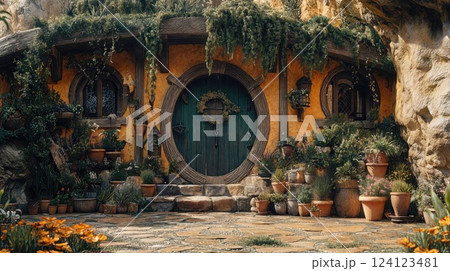 A cozy hobbit-style house with a round wooden door, vibrant yellow walls, and lush greenery. Potted plants decorate the front yard, creating a warm, fairy-tale ambiance 124123481