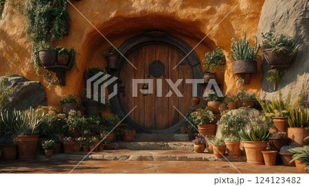 hobbit-style round door nestled in a stone wall, surrounded by lush green plants and colorful flowers in pots. The charming and rustic design exudes a whimsical, nature-filled atmosphere 124123482