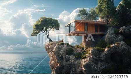 A beautiful house sits majestically on a cliff, overlooking the ocean 124123536