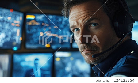 Close-up portrait of emergency response coordinator with headset in control center. Professional monitoring critical situation with intense focus against backdrop of data screens Close-up portrait of emergency response coordinator with headset in control center. Professional monitoring critical situation with intense focus against backdrop of data screens 124123554