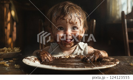 joyful baby covered in chocolate with a playful smile, creating a fun and heartwarming moment of childhood mess and happiness joyful baby covered in chocolate with a playful smile, creating a fun and heartwarming moment of childhood mess and happiness 124123555