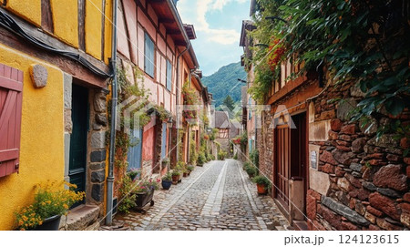 A picturesque cobblestone street in a quaint village, surrounded by colorful traditional houses with vibrant flowers, capturing the charm of European rural life 124123615