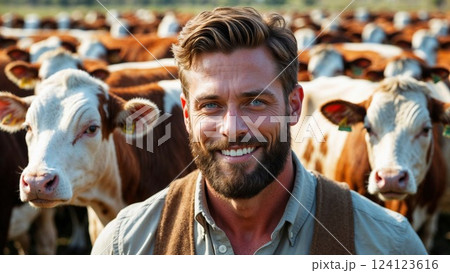 A friendly farmer smiles proudly in a field full of cows, showcasing rural life and livestock farming, radiating a sense of joy and connection with nature A friendly farmer smiles proudly in a field full of cows, showcasing rural life and livestock farming, radiating a sense of joy and connection with nature 124123616