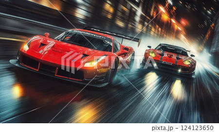 Two red racing GT3 cars speeding through rain-slicked streets with dramatic motion blur. Dynamic night scene captures the intensity of motorsport competition with glowing headlights cutting through Two red racing GT3 cars speeding through rain-slicked streets with dramatic motion blur. Dynamic night scene captures the intensity of motorsport competition with glowing headlights cutting through 124123650