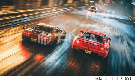 Two sleek sports cars speed through a city street in a thrilling race. The intense motion blur enhances the sense of high speed and excitement as they compete side by side Two sleek sports cars speed through a city street in a thrilling race. The intense motion blur enhances the sense of high speed and excitement as they compete side by side 124123651