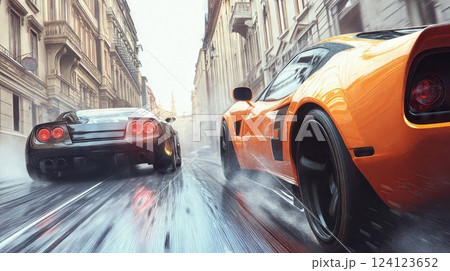 Two high-performance cars racing down a wet city street, their tires skimming the water as they speed through an urban environment. The scene captures the thrill of street racing and automotive power 124123652