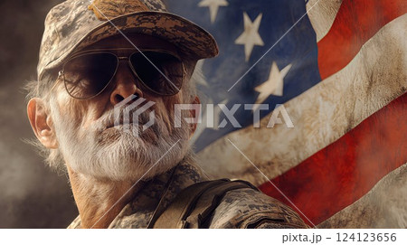A veteran soldier with a rugged face, wearing camouflage and sunglasses, stands with pride in front of an American flag, symbolizing patriotism, resilience, and honor 124123656