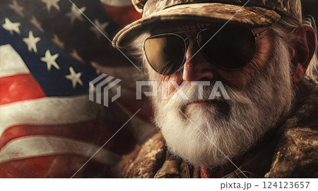 A close-up portrait of a senior military veteran wearing camouflage and aviator sunglasses, with the American flag as a backdrop, symbolizing patriotism and service 124123657