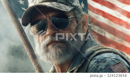 A close-up portrait of a senior military veteran wearing camouflage and aviator sunglasses, with the American flag as a backdrop, symbolizing patriotism and service 124123658